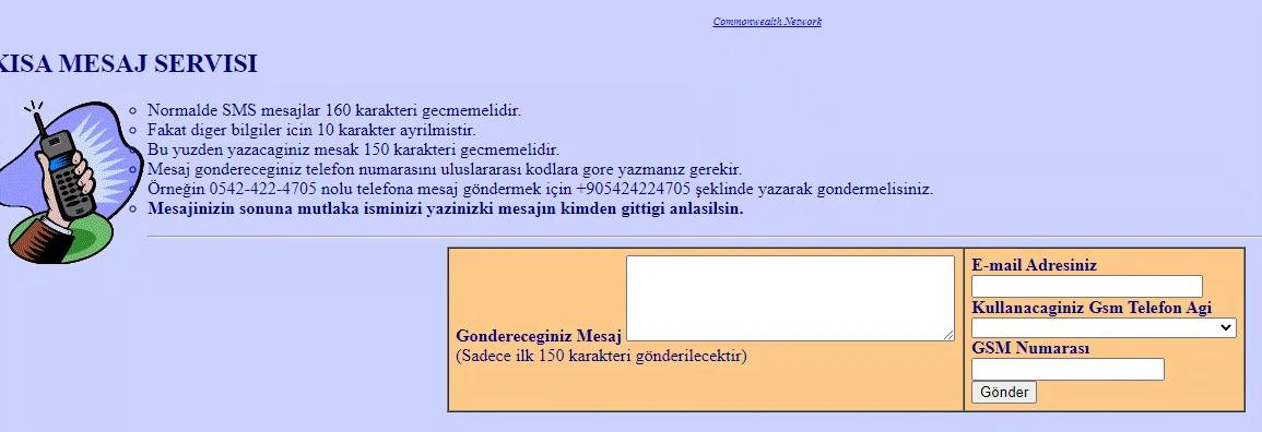 Kısa mesaj göndermek için e-posta, GSM numarası ve mesaj alanları