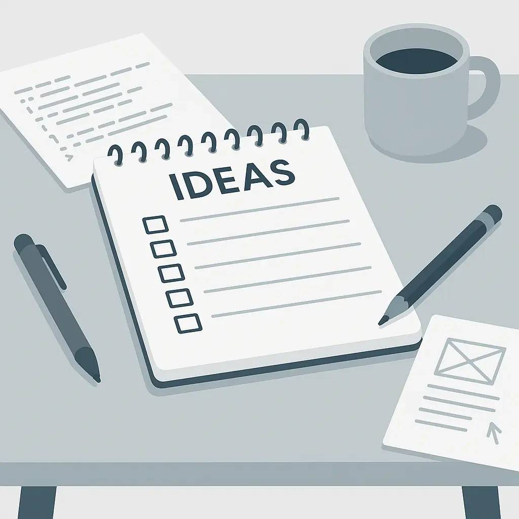 Ein Schreibtisch mit Ideen-Notizbuch, Entwurfsblättern, Stiften und Kaffee
