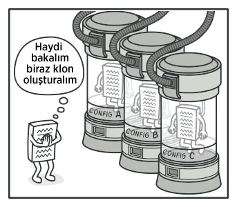 CONFIG A, B ve C etiketli üç klonlama tankı