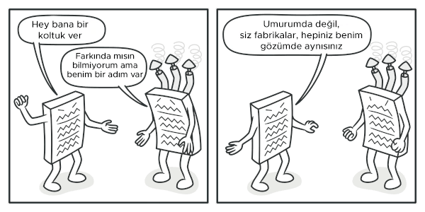 Farklı saç biçimli üç kişiyi aynı gördüğünü söyleyen iki fabrika karakterinin karikatürü