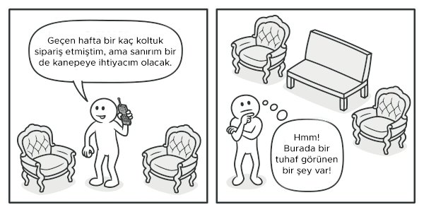İki klasik koltuğun arasına modern bir kanepenin karıştığı mobilya siparişi karikatürü