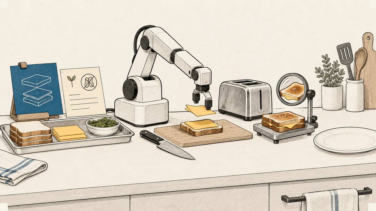 Ein kleiner Küchenroboter bereitet neben Zutaten und Werkzeugen ein geprüftes Käsesandwich zu.