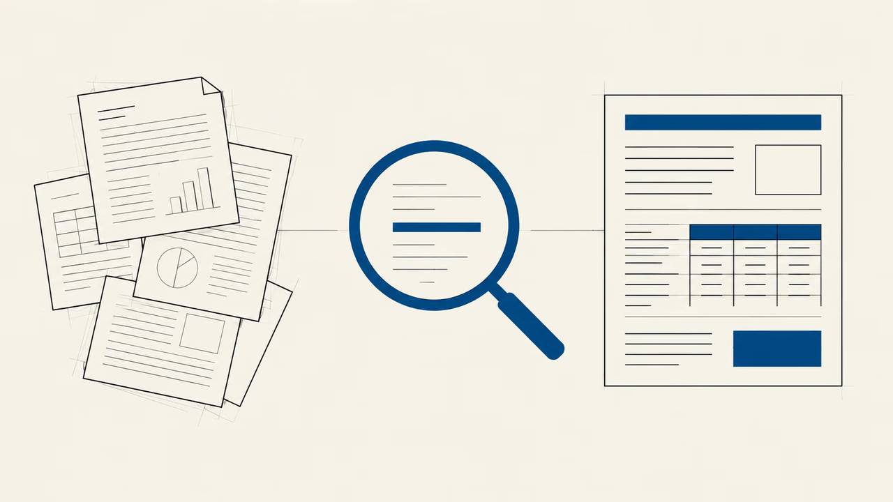 A path carries scattered company documents into a customer proposal and a business decision