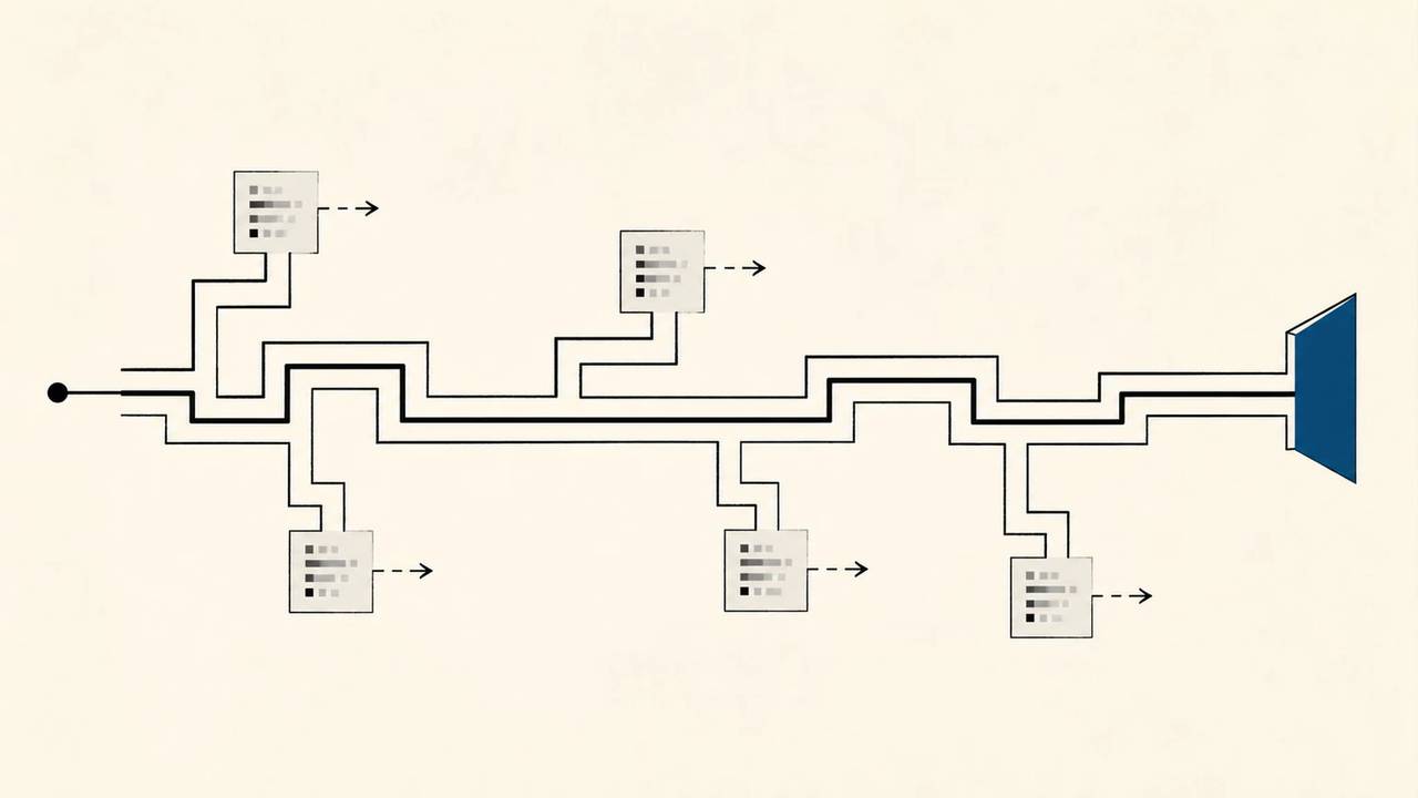 A horizontal line branches into five side-system boxes before reaching a blue endpoint.