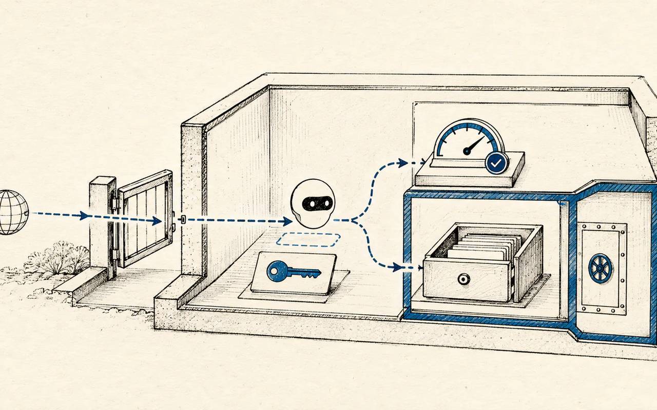 An internet request passes through an open gate into an AI agent workspace, where an API key and usage meter sit beside an isolated data vault.