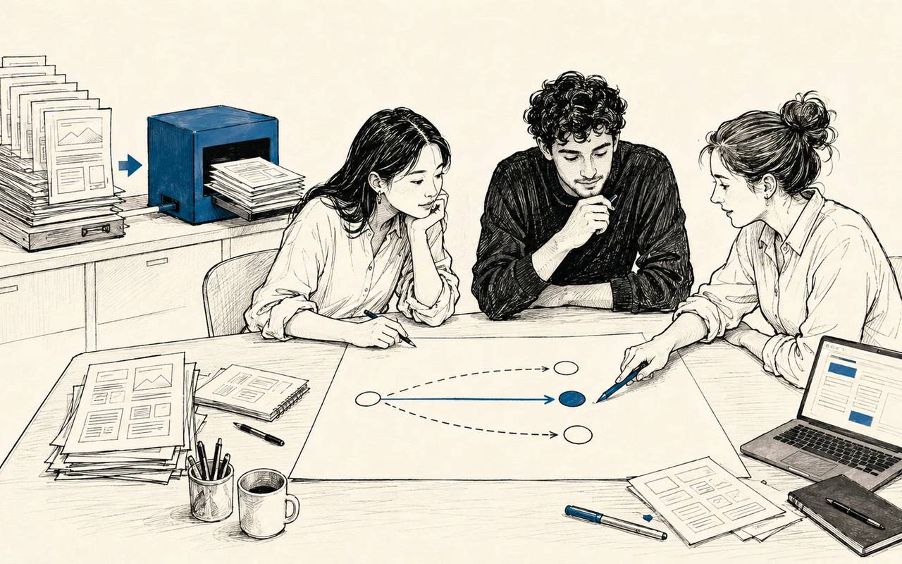 An agency team chooses a strategic direction at a table while an AI-assisted station reduces repetitive execution work behind them.