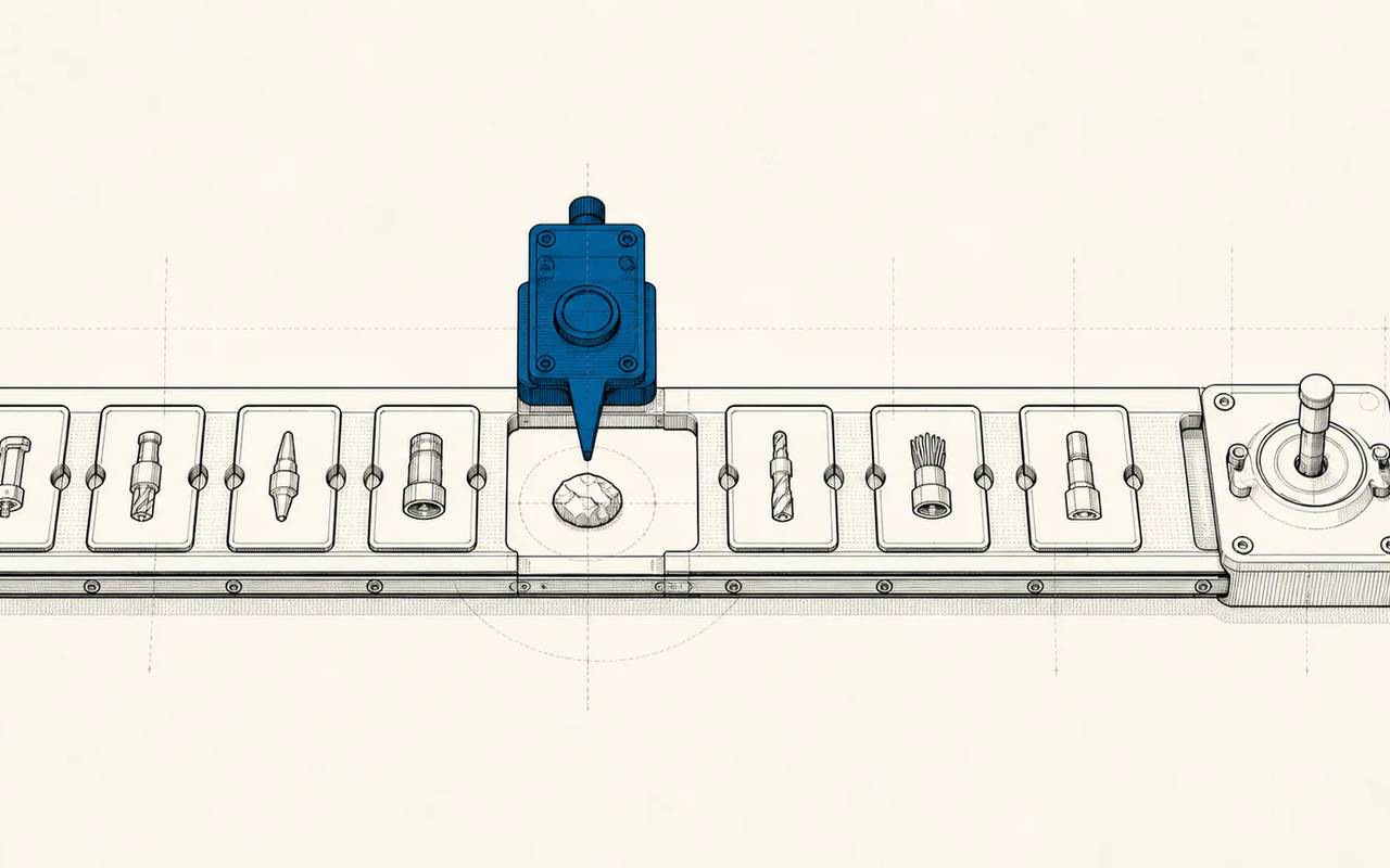 A blue selector points to one item in a fixed row of tool stations.