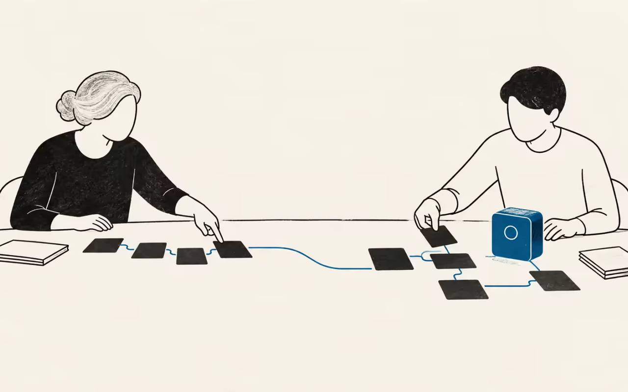 A sparse editorial diagram shows company knowledge carried from an existing role into a new AI-supported workflow
