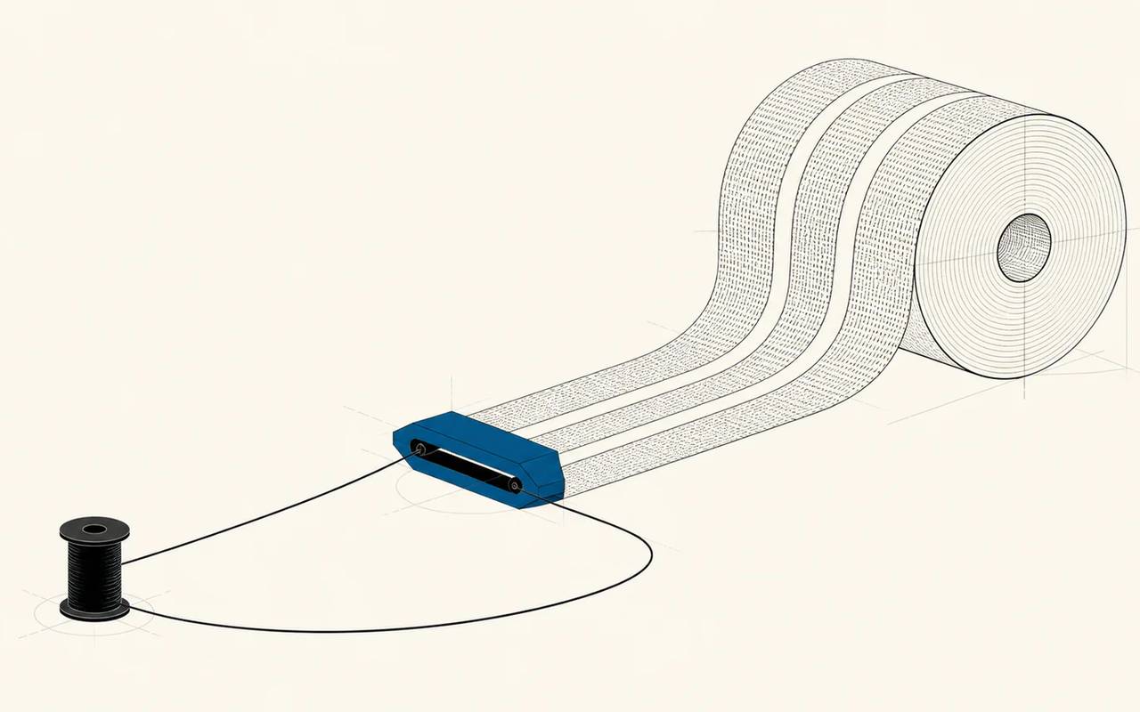 A thin thread from a small black spool passes through a blue mechanism, widens into three bands, and accumulates on a large roll.