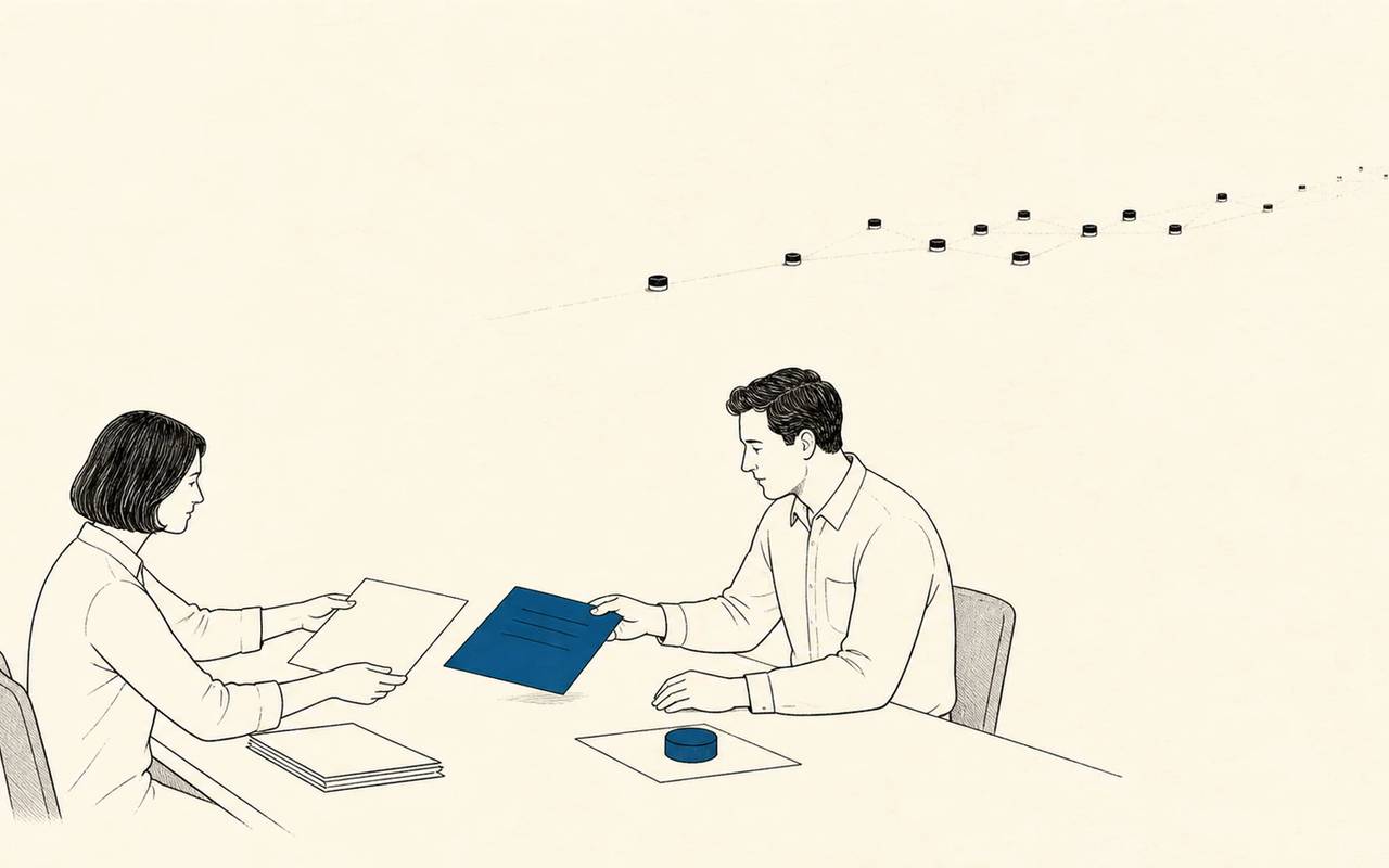 Two people turn a useful blue answer sheet into a decision while recommendation traces fade in the background.