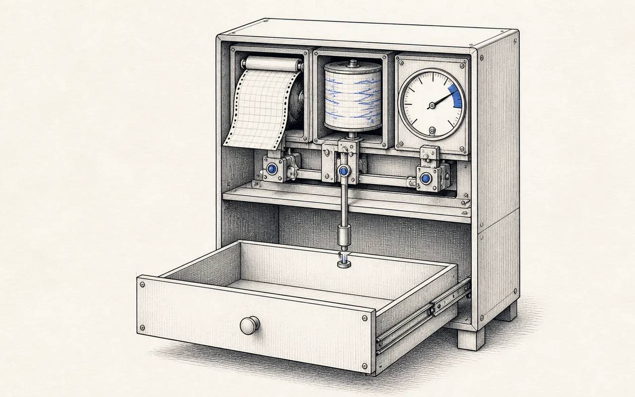 Technical success indicators run above an empty drawer for real business results.