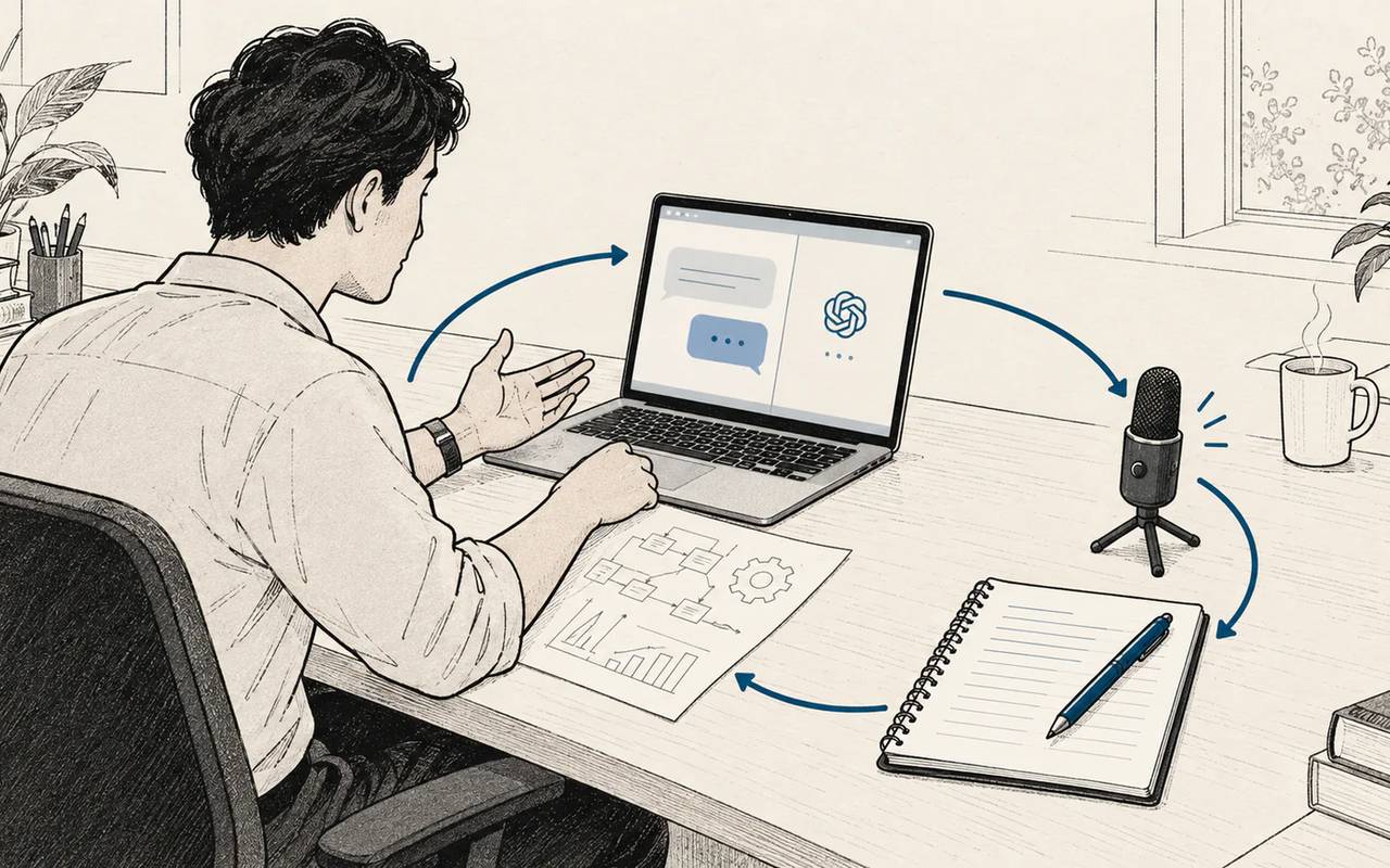 Blue arrows connect AI chat, a microphone and work notes, linking written and spoken practice at work.