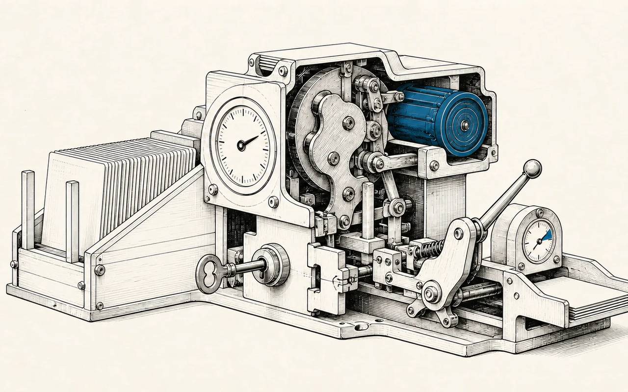 A blue model cartridge sits inside a larger mechanism for data, rules, authority, and verification.