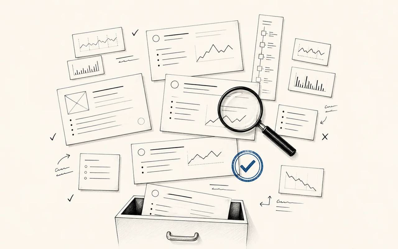 Article cards are reviewed with a magnifier before being kept, revised, or filed away