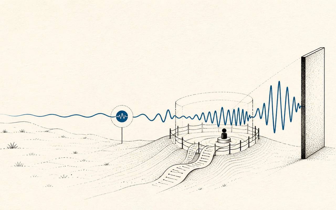 A blue AI signal moves from open terrain through human oversight to a firm boundary