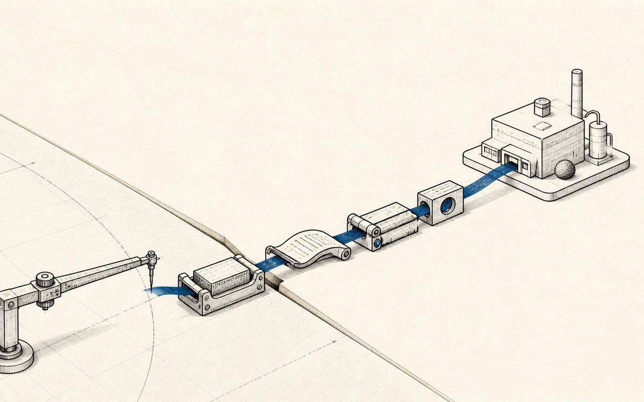 A blue business link crosses the boundary beyond a measuring arm to reach a distant company