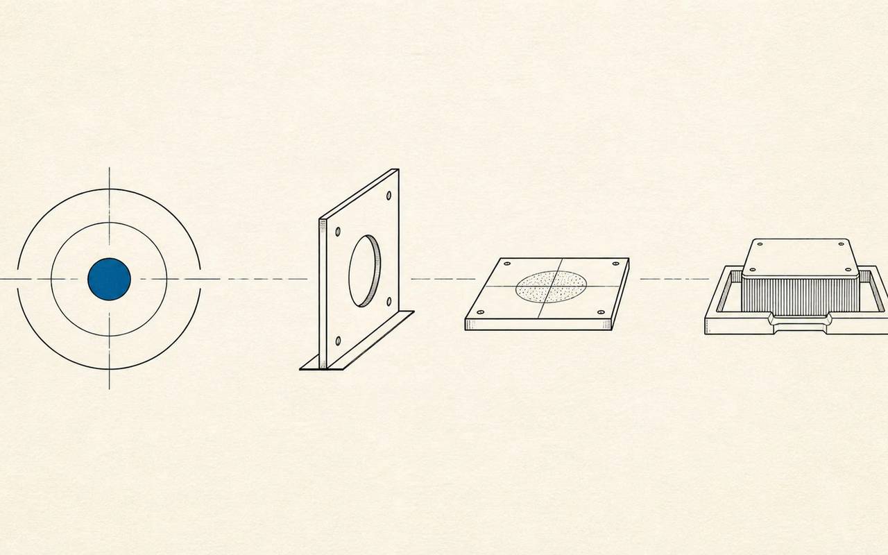 A blue target point aligns with two panels and an open tray along a dotted line.