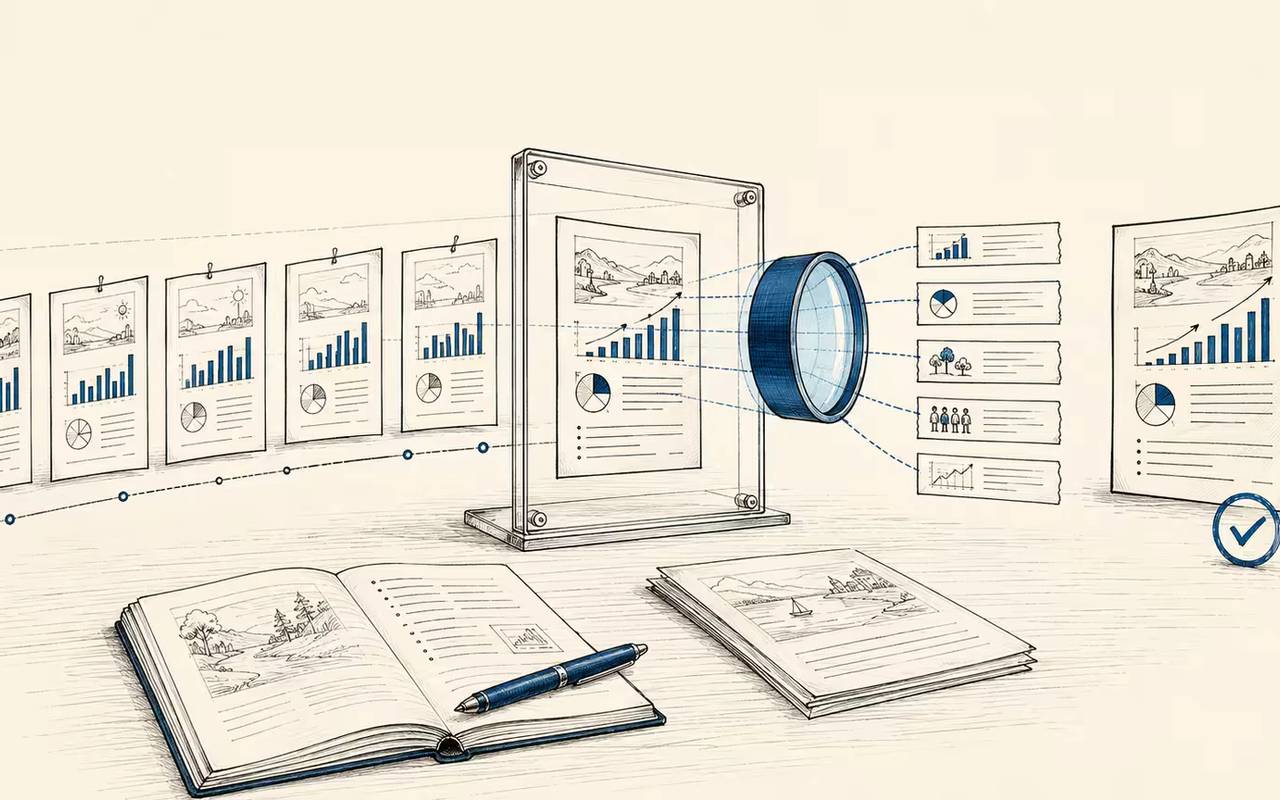 Monthly reports pass through a blue evidence filter before reaching a final human decision.
