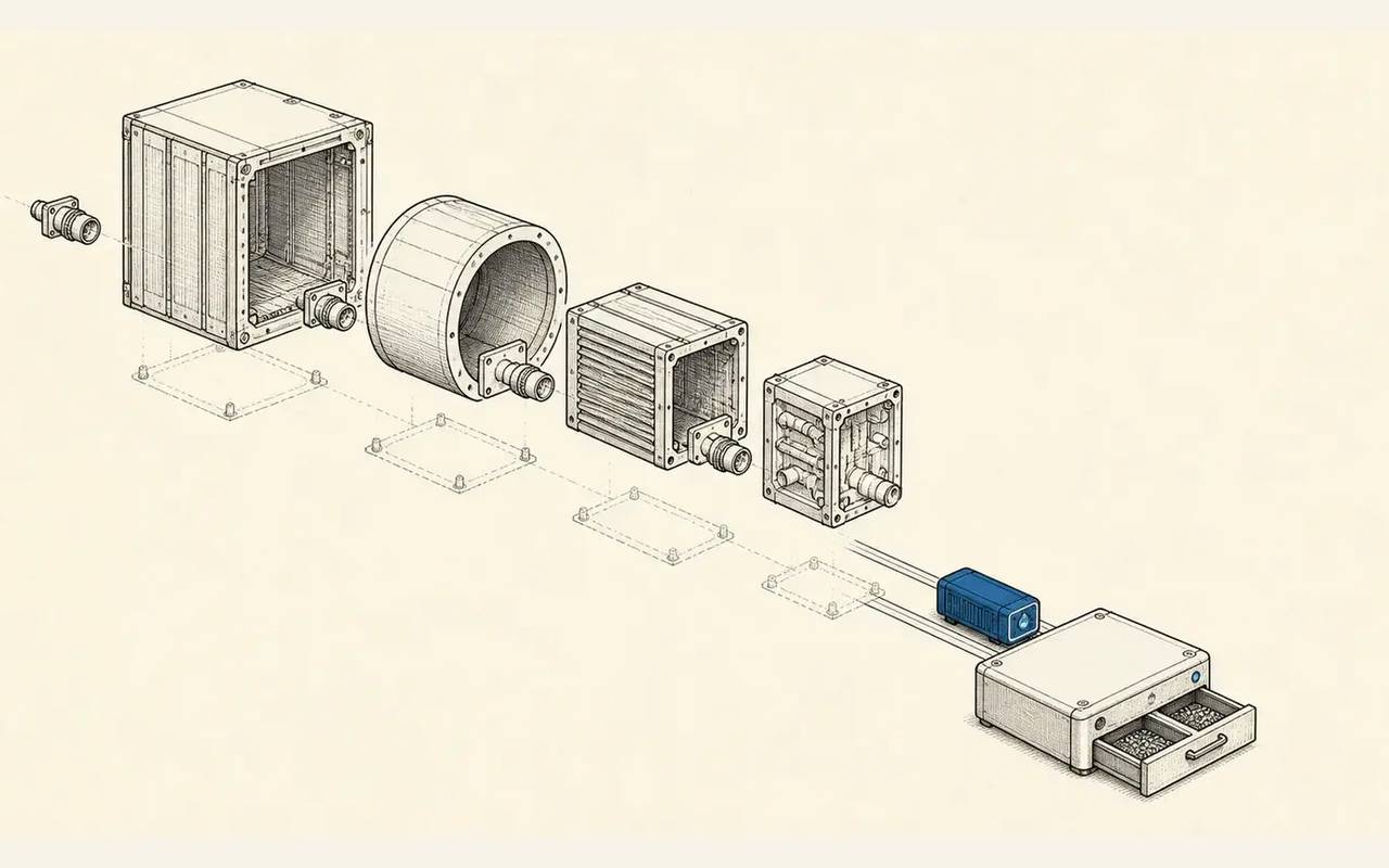 A blue application core leaves four disconnected infrastructure shells and moves along a rail into a compact runtime