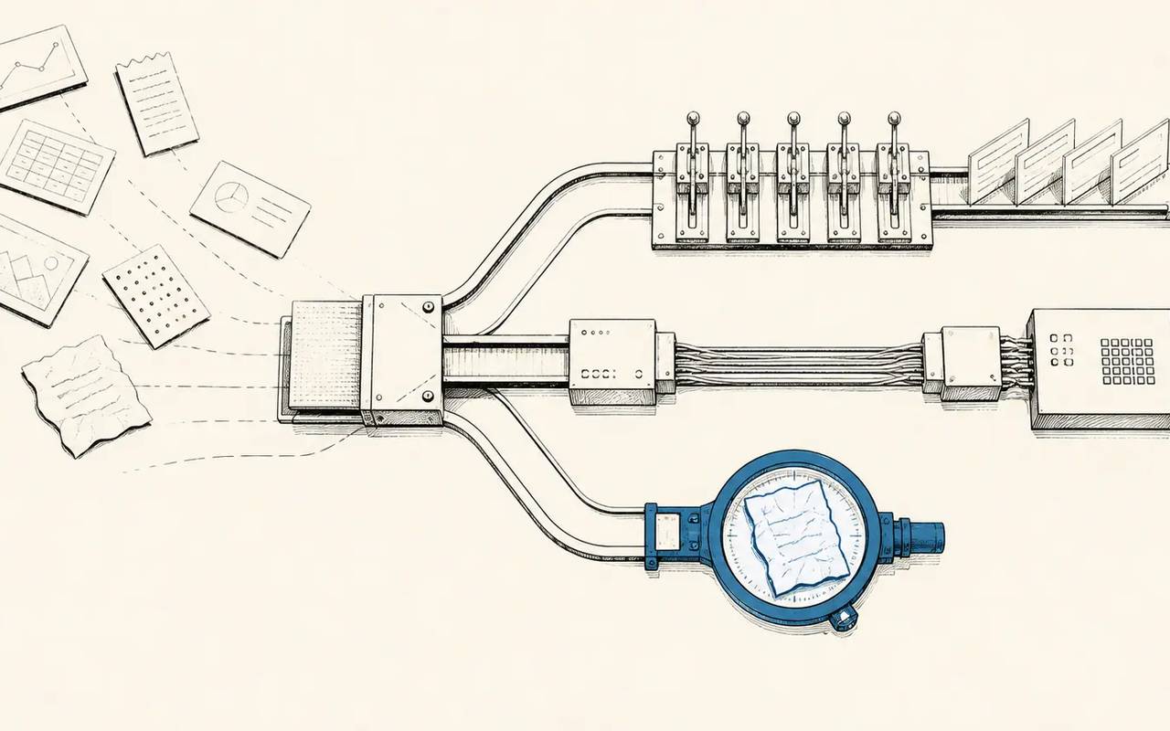 A workflow sorts standard documents by rules while a crumpled page branches to a magnifier.