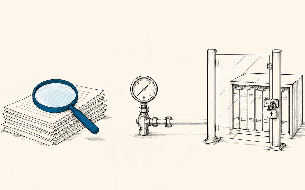 A document lens, live data gauge, and locked archive represent three information paths.