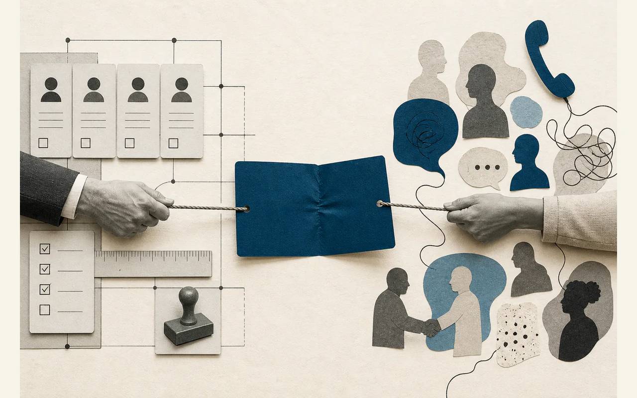 A blue lead card pulled from both sides shows the tension between corporate systems and customer conversations.