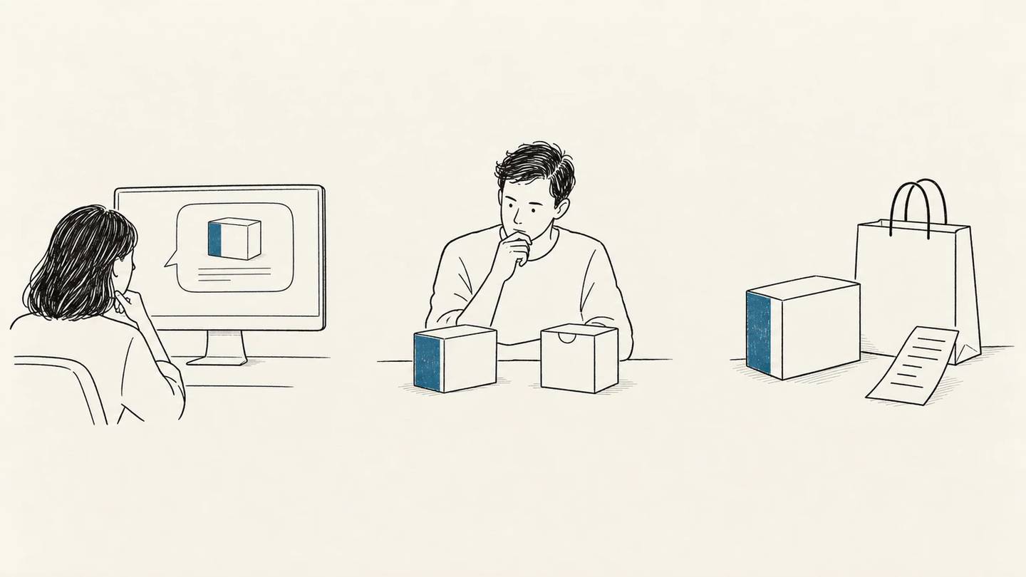 A product appears in an AI answer, a person compares two options, and a purchase is shown in three separate scenes.