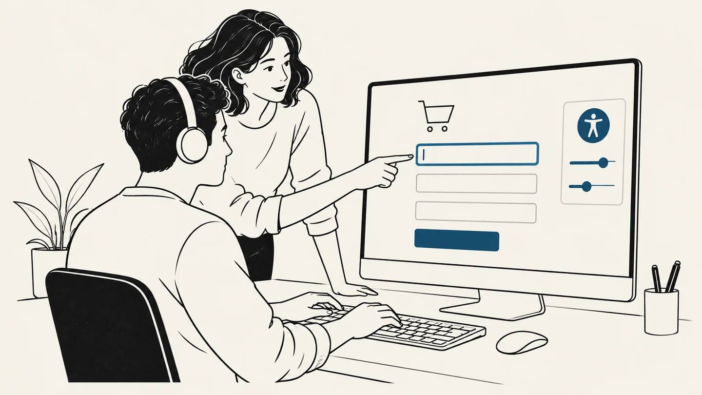 A keyboard user and colleague check a checkout form with an accessibility menu open.