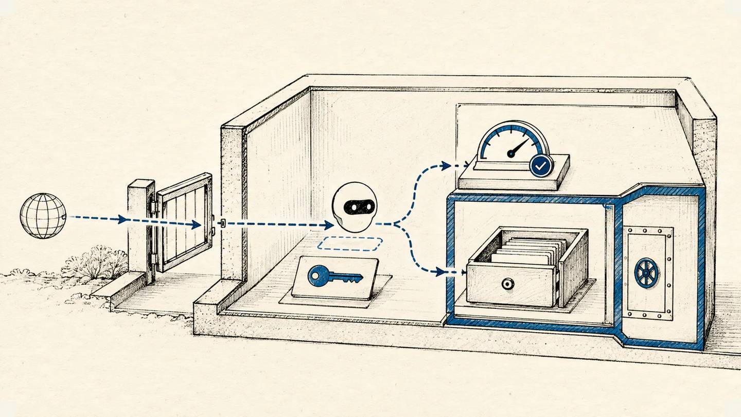An internet request passes through an open gate into an AI agent workspace, where an API key and usage meter sit beside an isolated data vault.