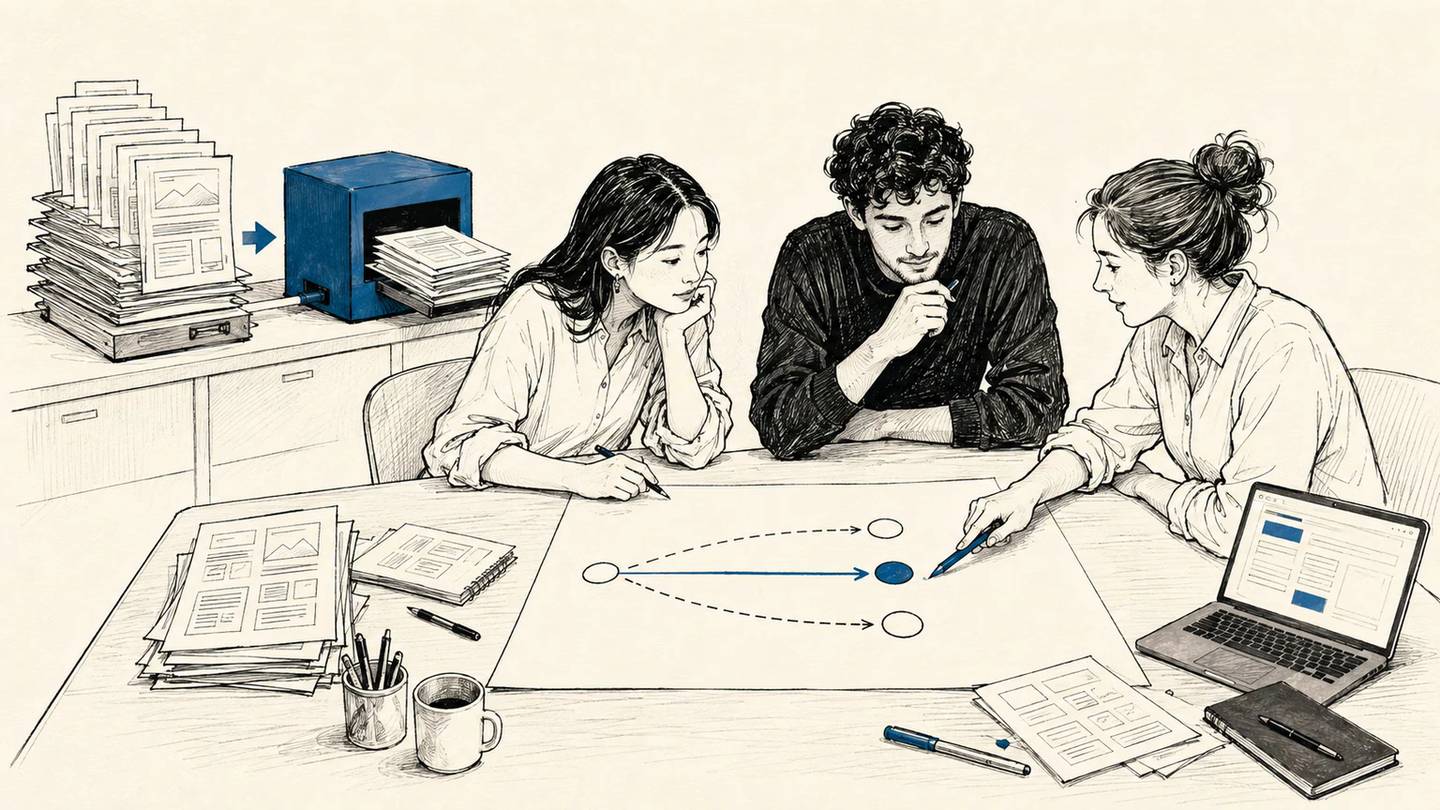 An agency team chooses a strategic direction at a table while an AI-assisted station reduces repetitive execution work behind them.