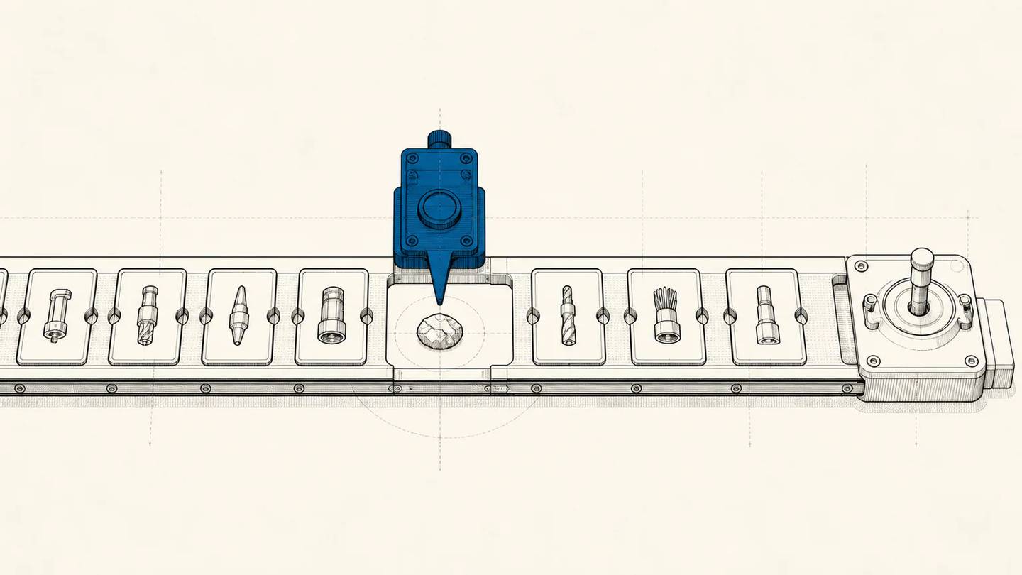 A blue selector points to one item in a fixed row of tool stations.
