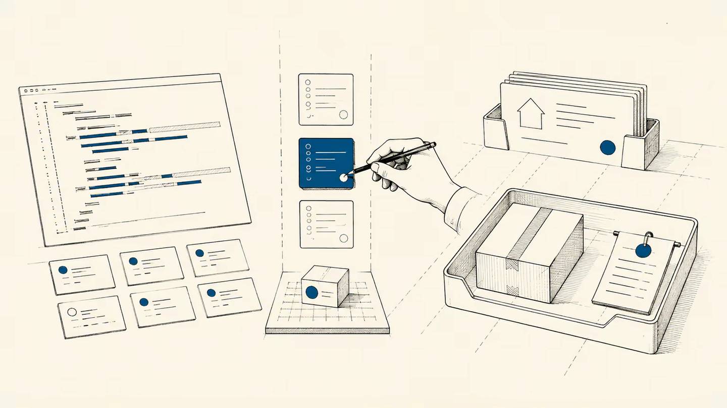 A hand marks a decision card between a code proposal and the warehouse’s parcel and order records.