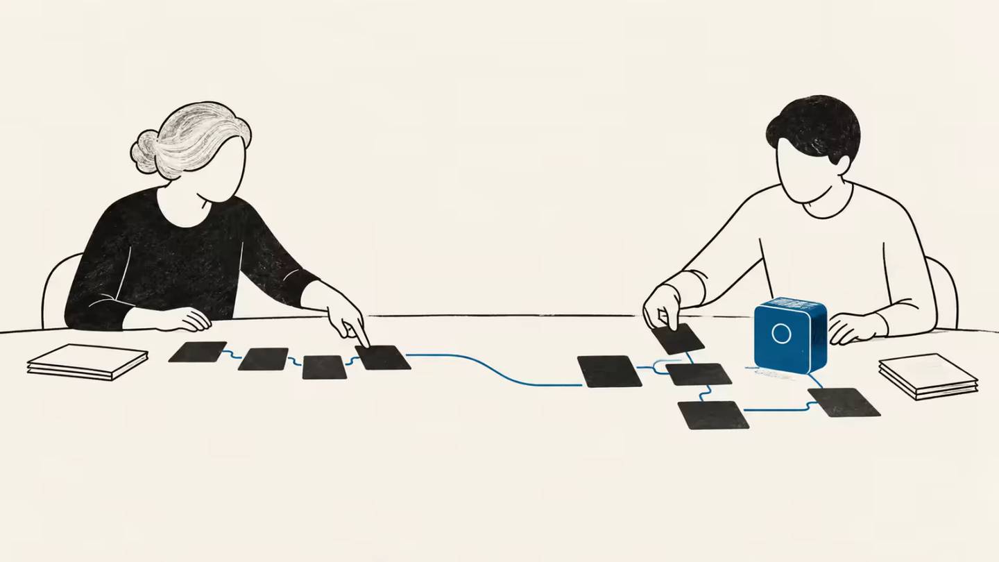 A sparse editorial diagram shows company knowledge carried from an existing role into a new AI-supported workflow