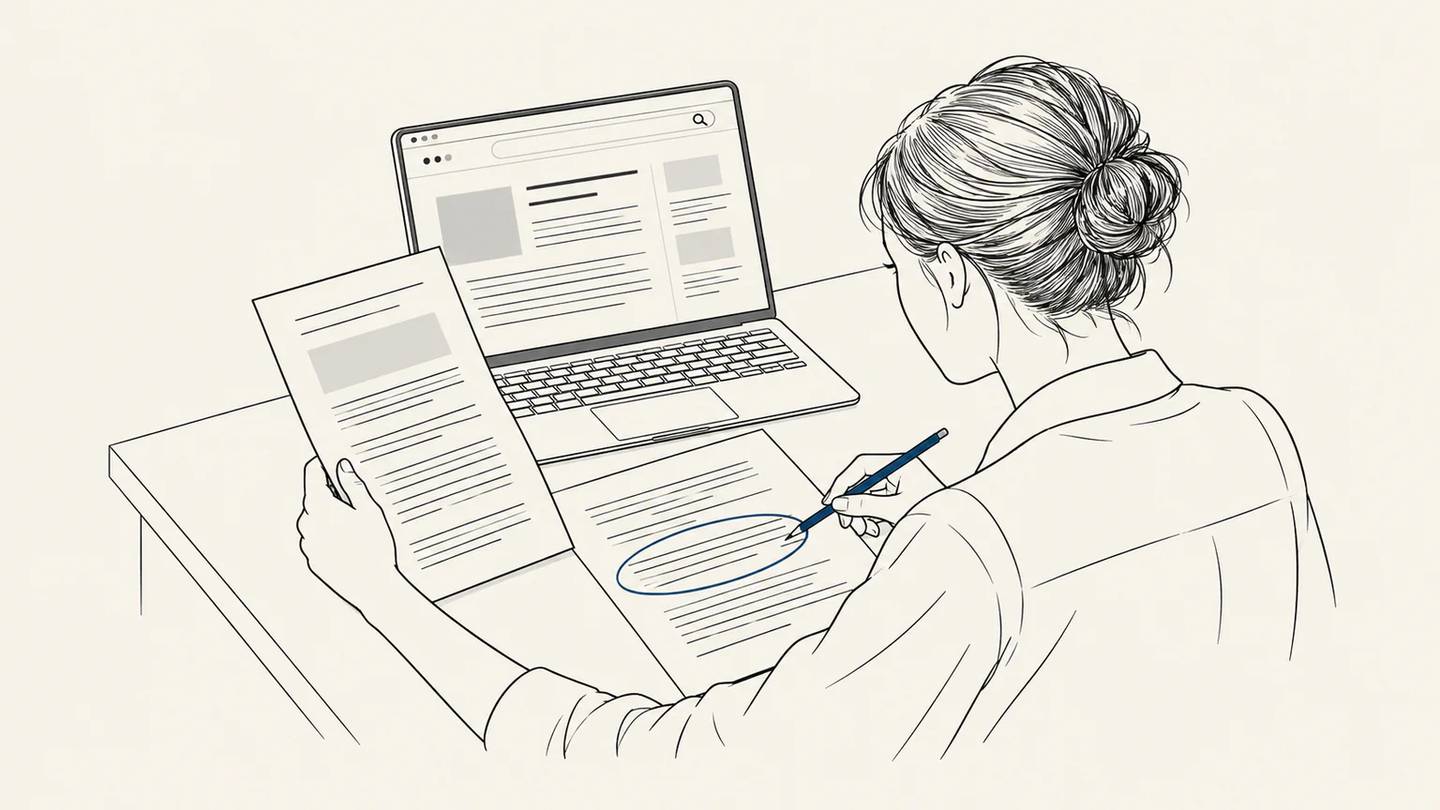 An editor compares a source document with an article on a laptop and marks a paragraph in a printed draft.