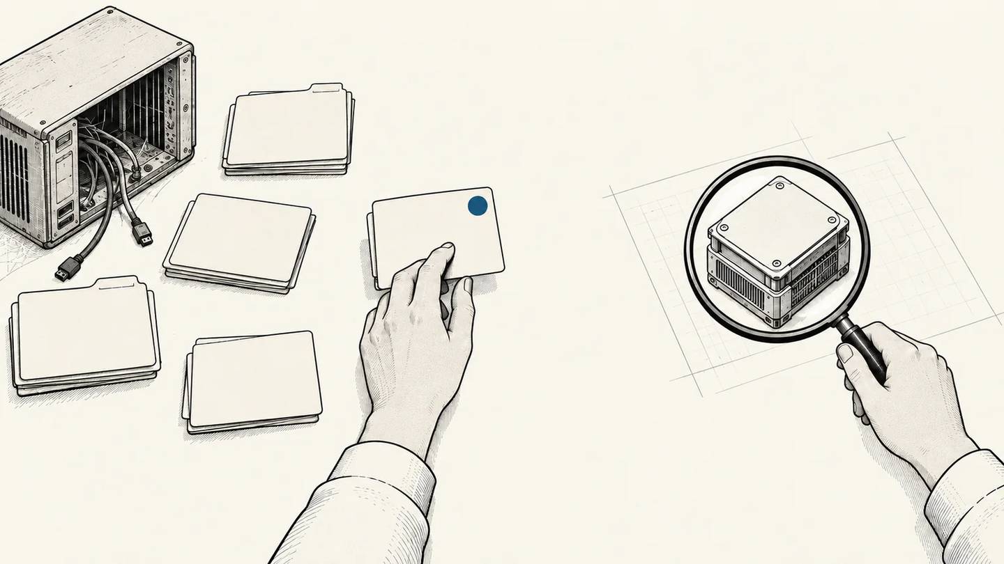 A deferred work card is selected from a backlog and checked under a magnifying glass before a simpler system core is accepted.