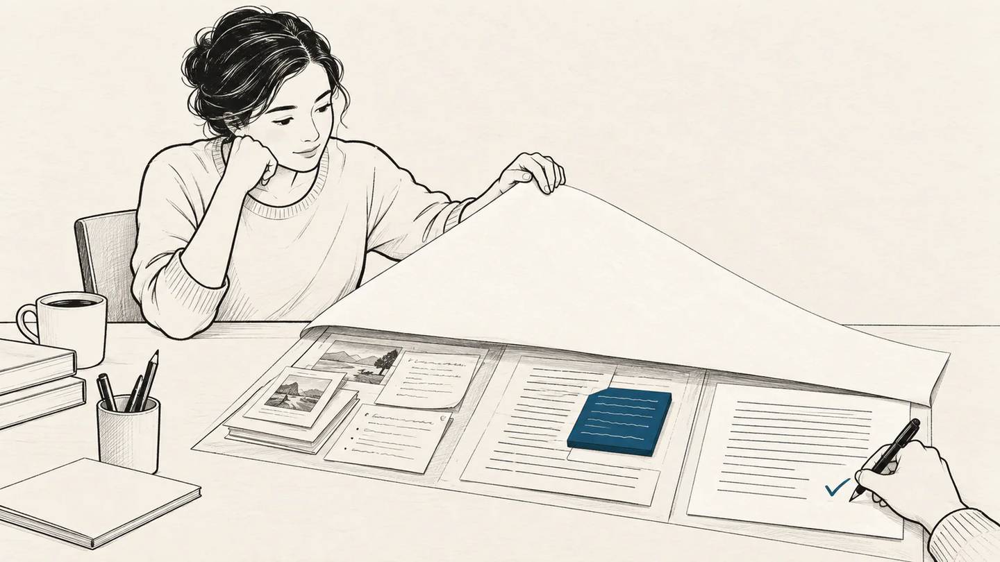 An author lifts a disclosure sheet to reveal sources, AI assistance, and final human review.