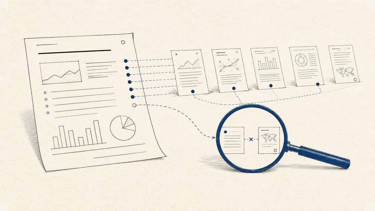 A magnifying glass checks claims from several reports against their source documents.