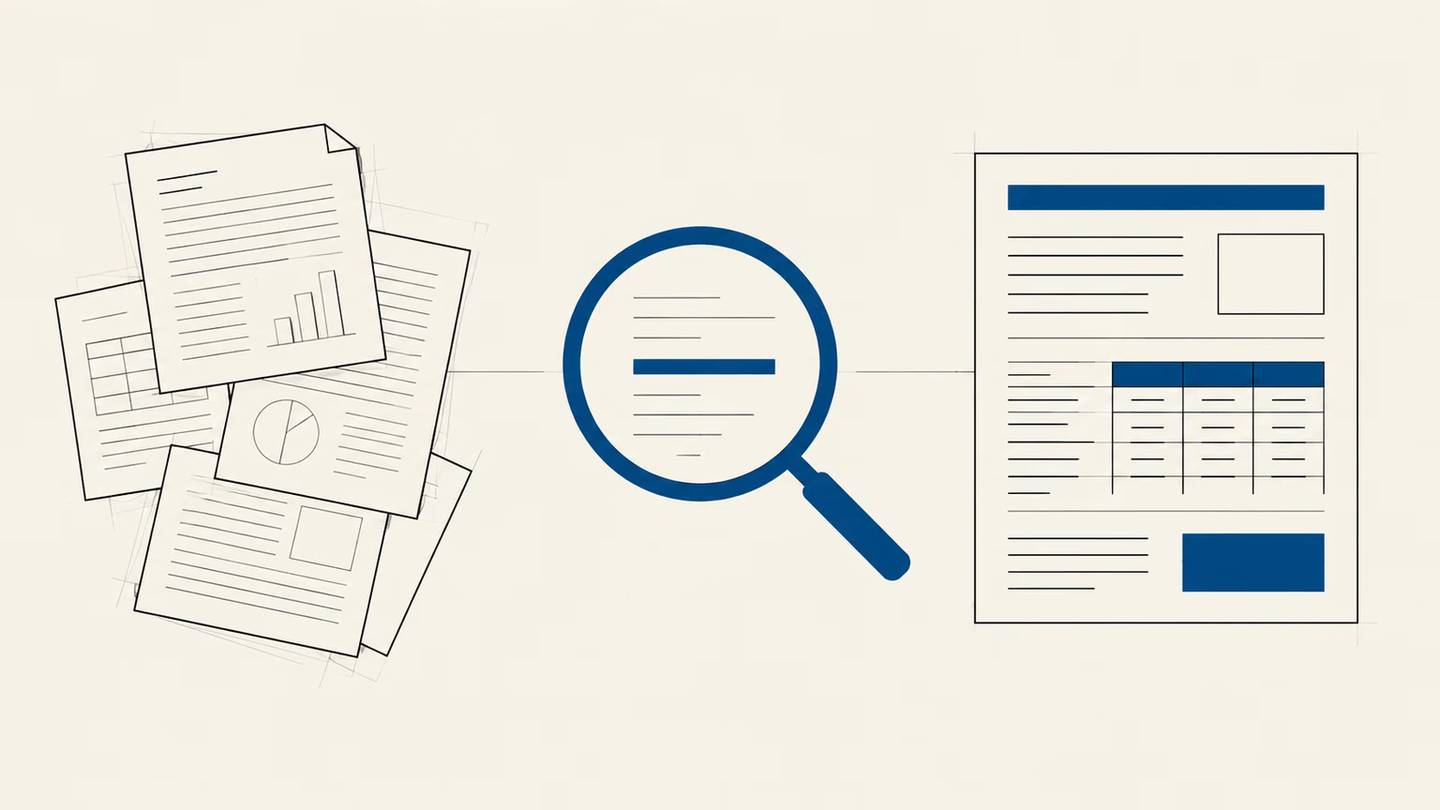 A path carries scattered company documents into a customer proposal and a business decision
