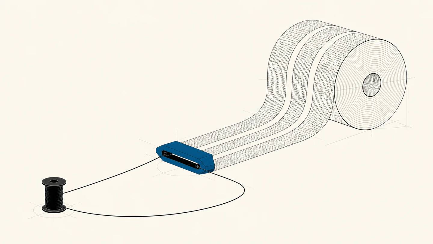 A thin thread from a small black spool passes through a blue mechanism, widens into three bands, and accumulates on a large roll.