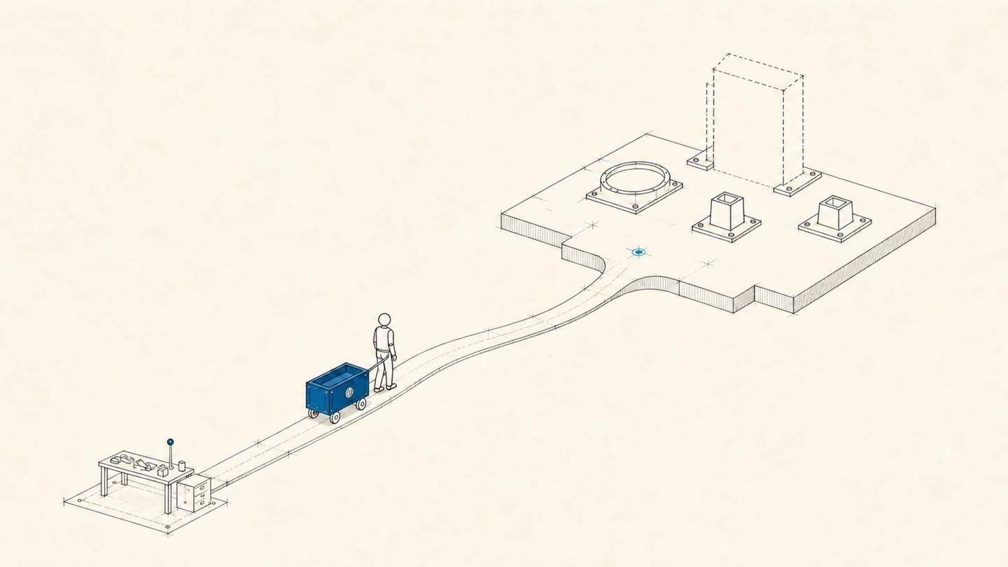 An employee and blue support cart approach a new workstation whose essential fixtures remain unfinished