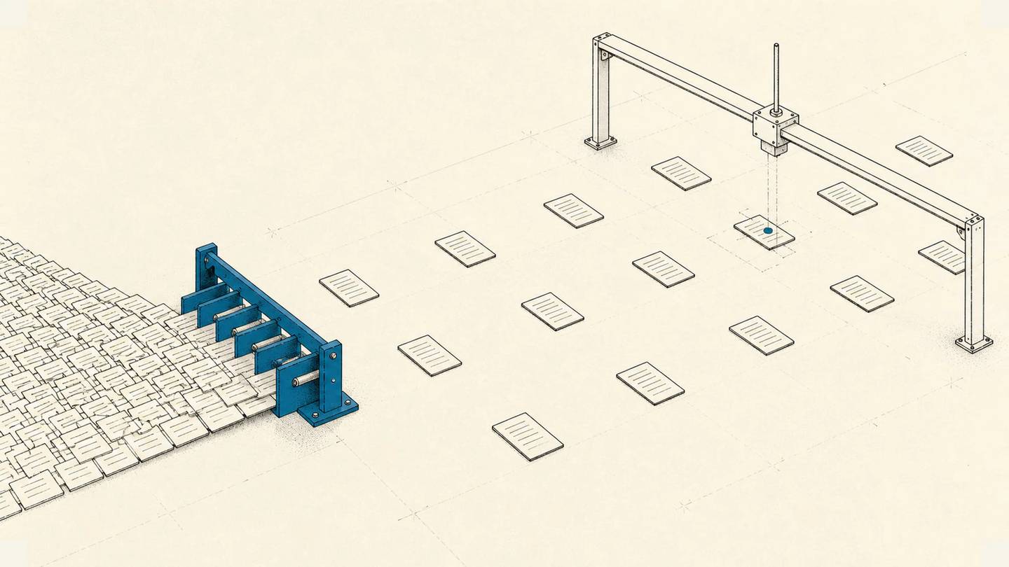 Crowded work cards open into a spacious inspection field where one exception is detected
