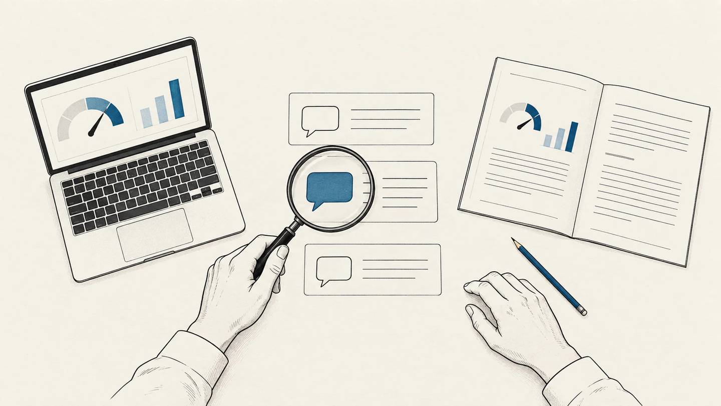 A magnifying glass examines an answer card between a software dashboard and a consulting proposal.