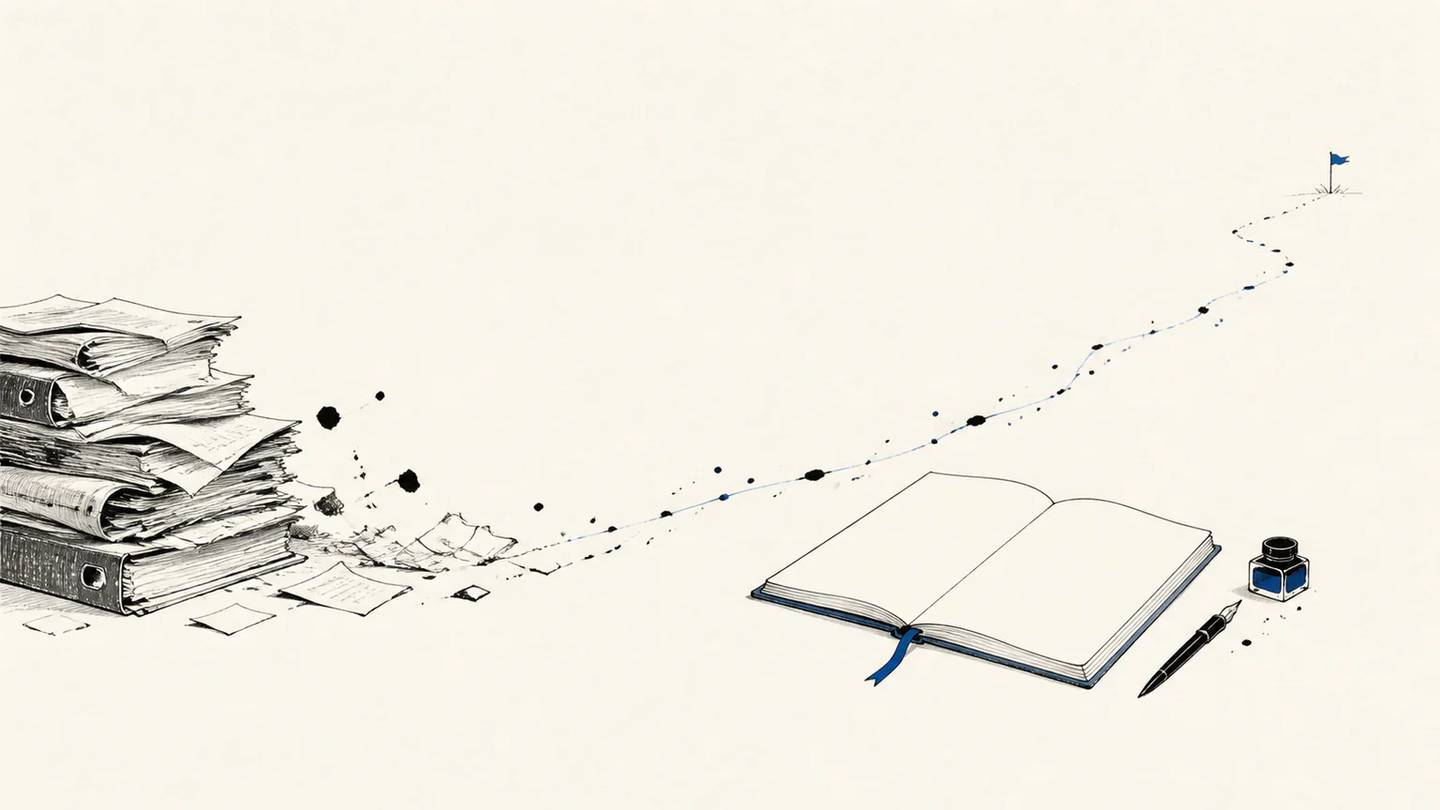 A paper archive gives way to an open notebook along a path marked in blue