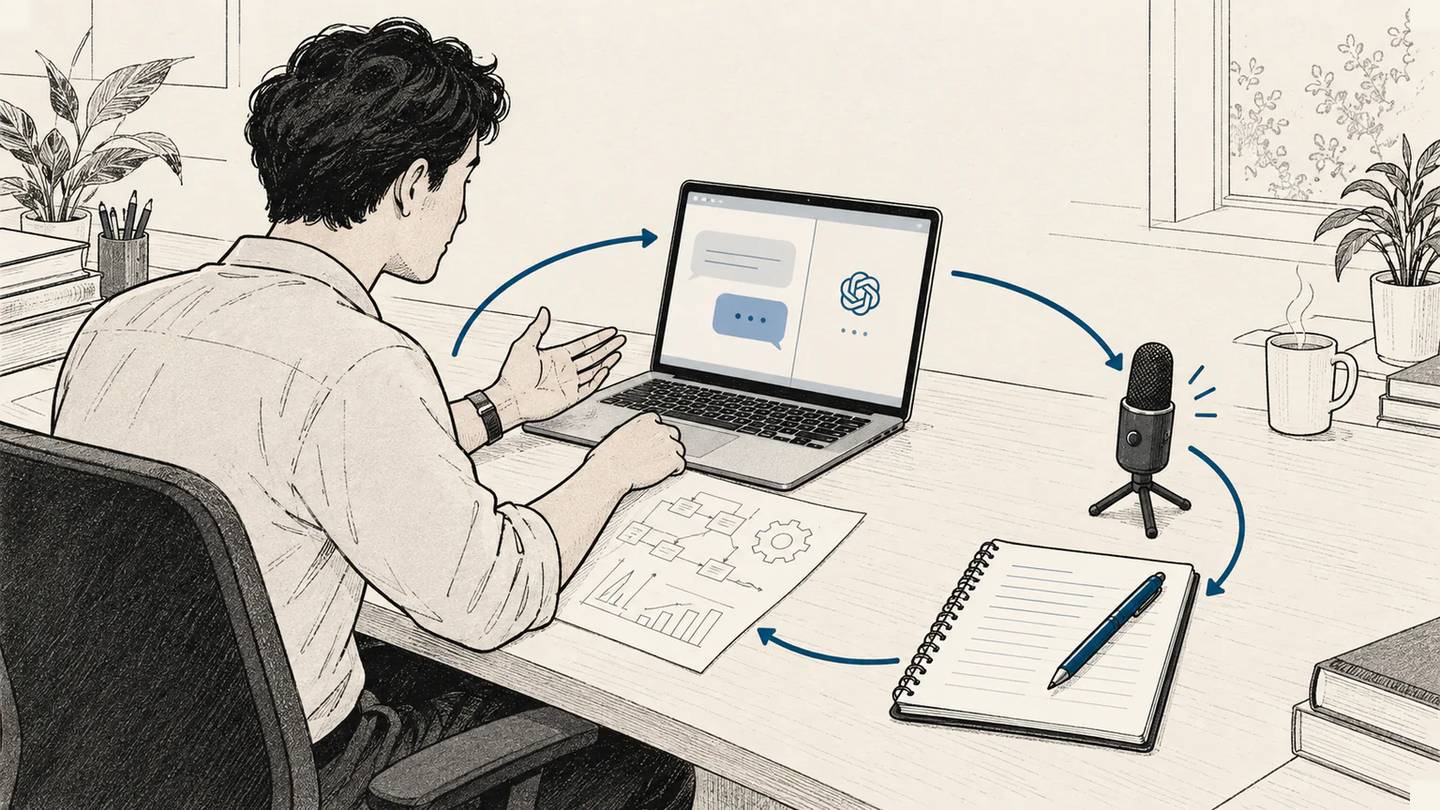 Blue arrows connect AI chat, a microphone and work notes, linking written and spoken practice at work.