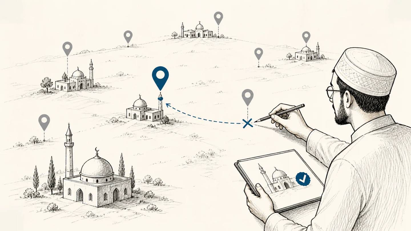 Eine Person prüft Moscheestandorte zwischen Kartenmarkierungen, Tablet und eingezeichneter Route.