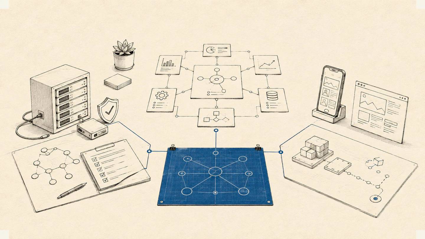 Three work areas meet at a shared decision board, separating internal operations, business transformation, and product technology.
