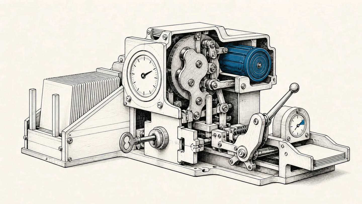 A blue model cartridge sits inside a larger mechanism for data, rules, authority, and verification.