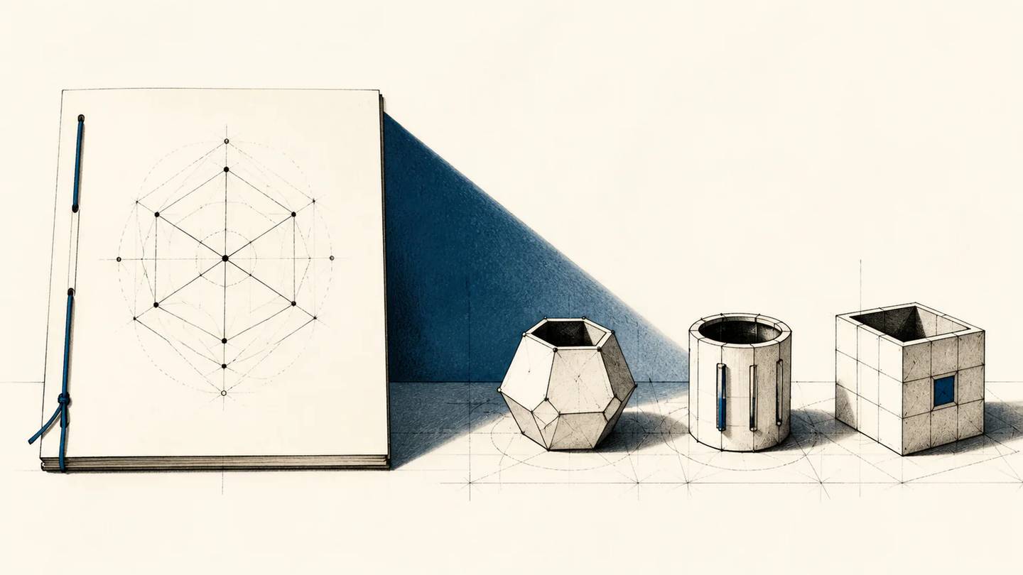 Ein gebundenes Blatt mit geometrischem Diagramm steht neben einem Polyeder, einem Zylinder und einem Würfel.