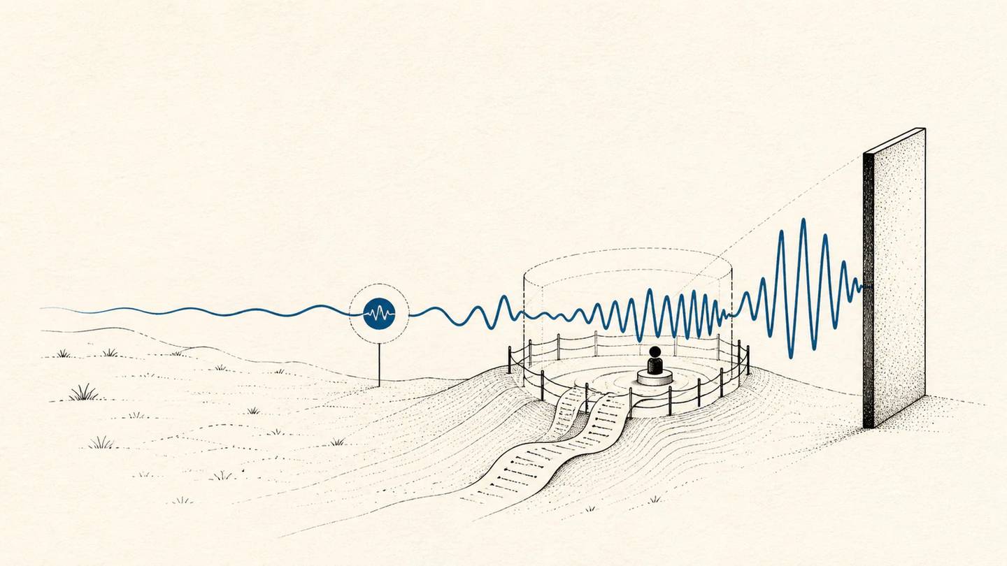 A blue AI signal moves from open terrain through human oversight to a firm boundary