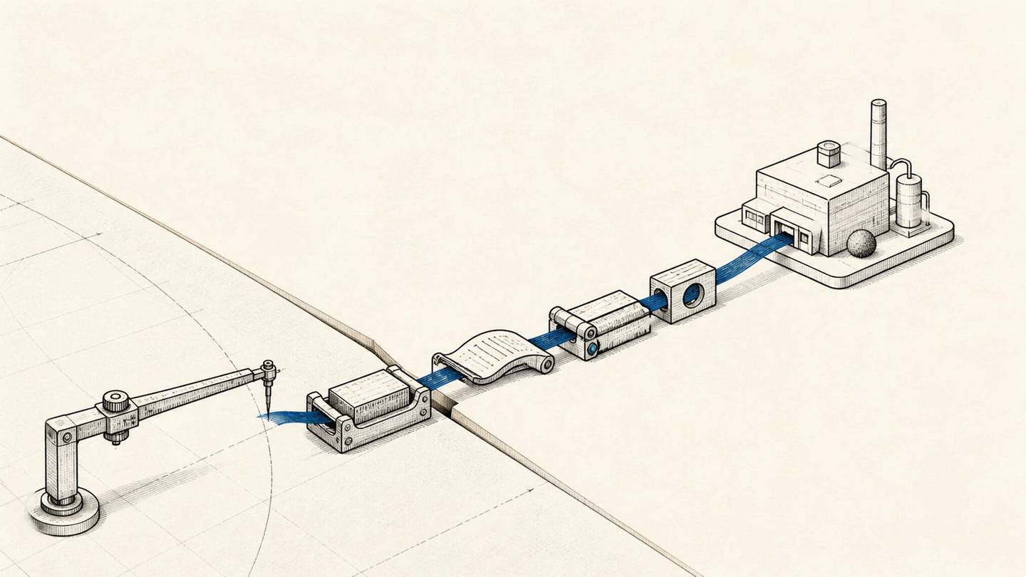 A blue business link crosses the boundary beyond a measuring arm to reach a distant company